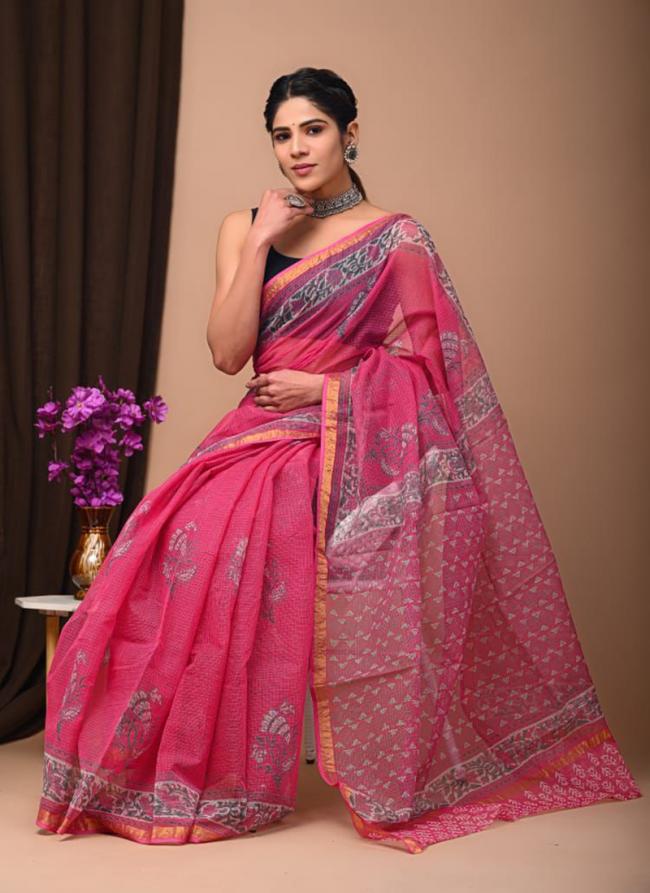 Cotton Hot Pink  Digital Printed Saree